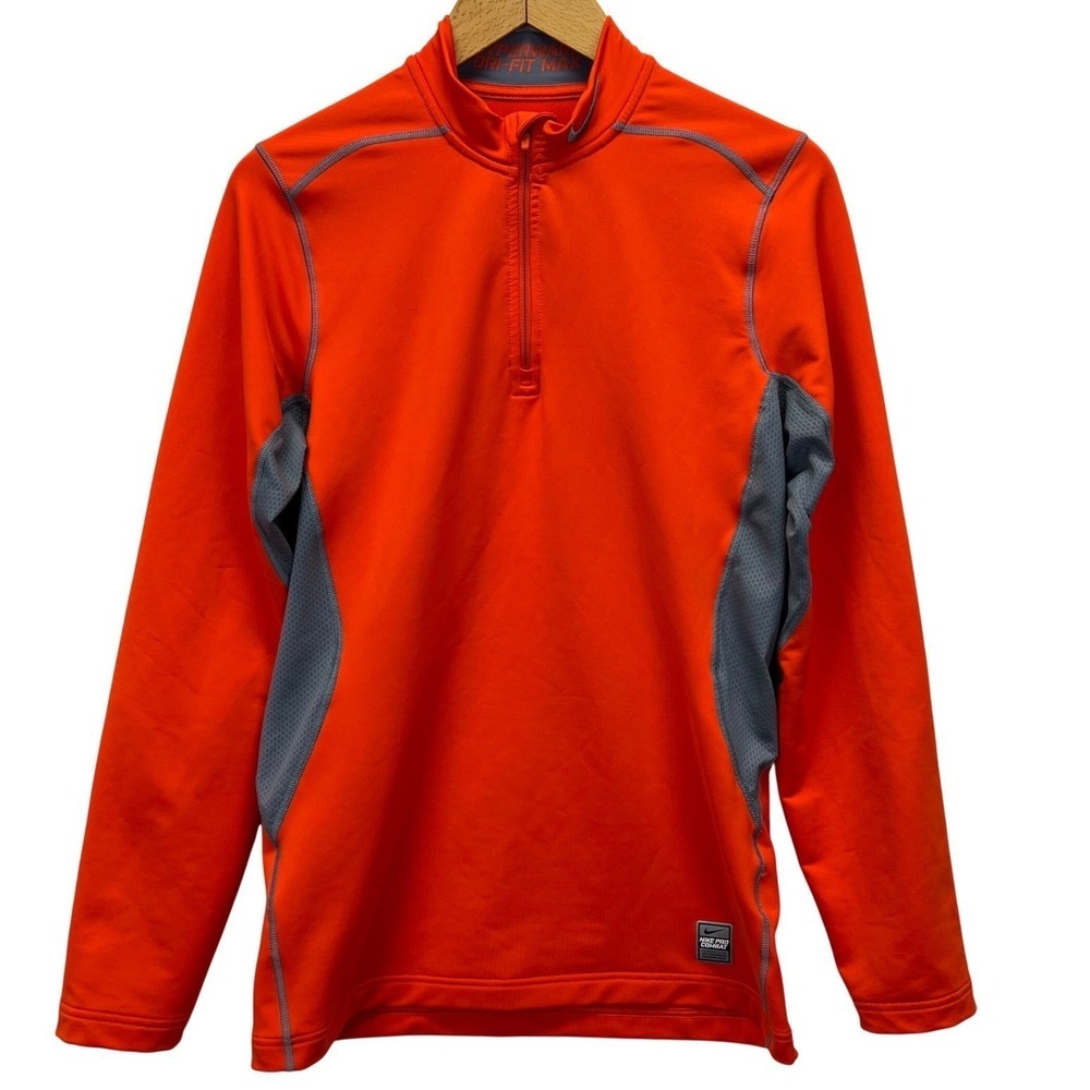 NIKE PRO COMBAT Dri FIT Max Hyperwarm Orange Gray Quarter Zip Small Athletic Top